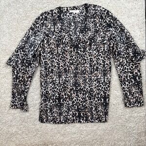 MIKA MINDEL Leopard Print Ruffle Sleeve V Neck Blouse Women's XS